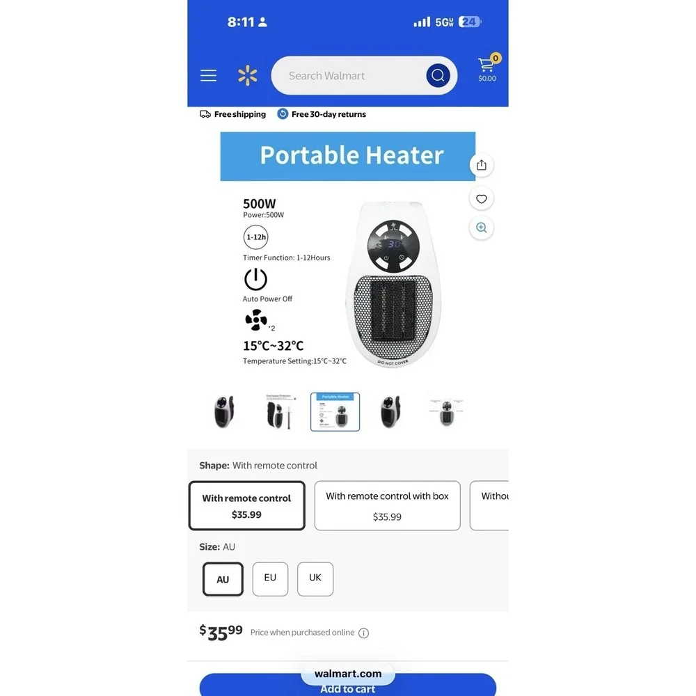 ULP Portable Heater 500W Wall Mount Remote Control Timer Auto Shut-off 2 Speeds